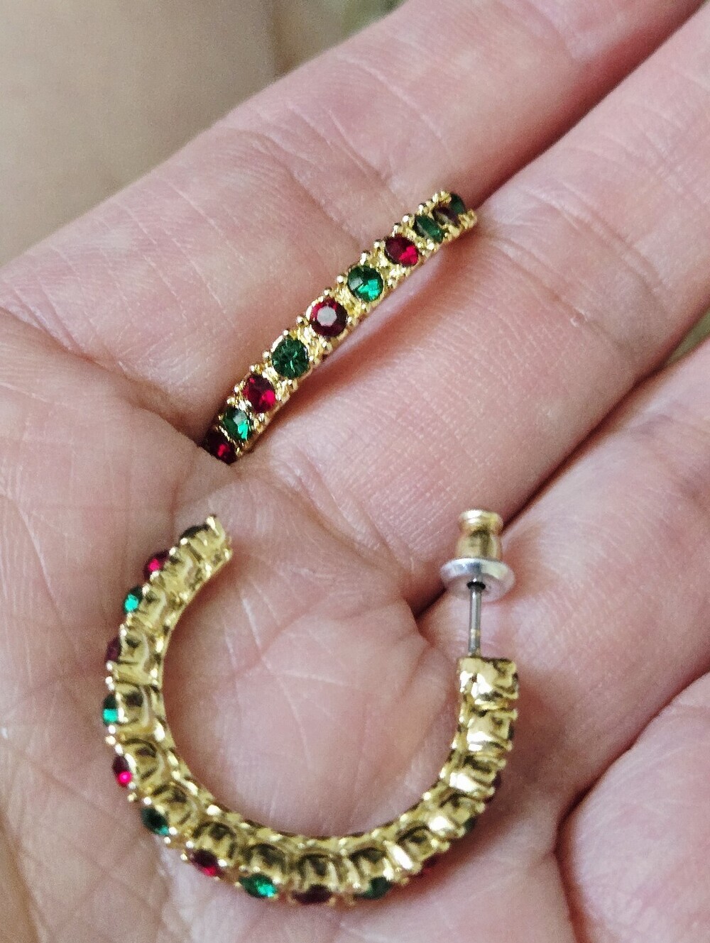 Vintage Gold Tone Hoop Earrings with Red and Green Stones - Picture 2 of 16